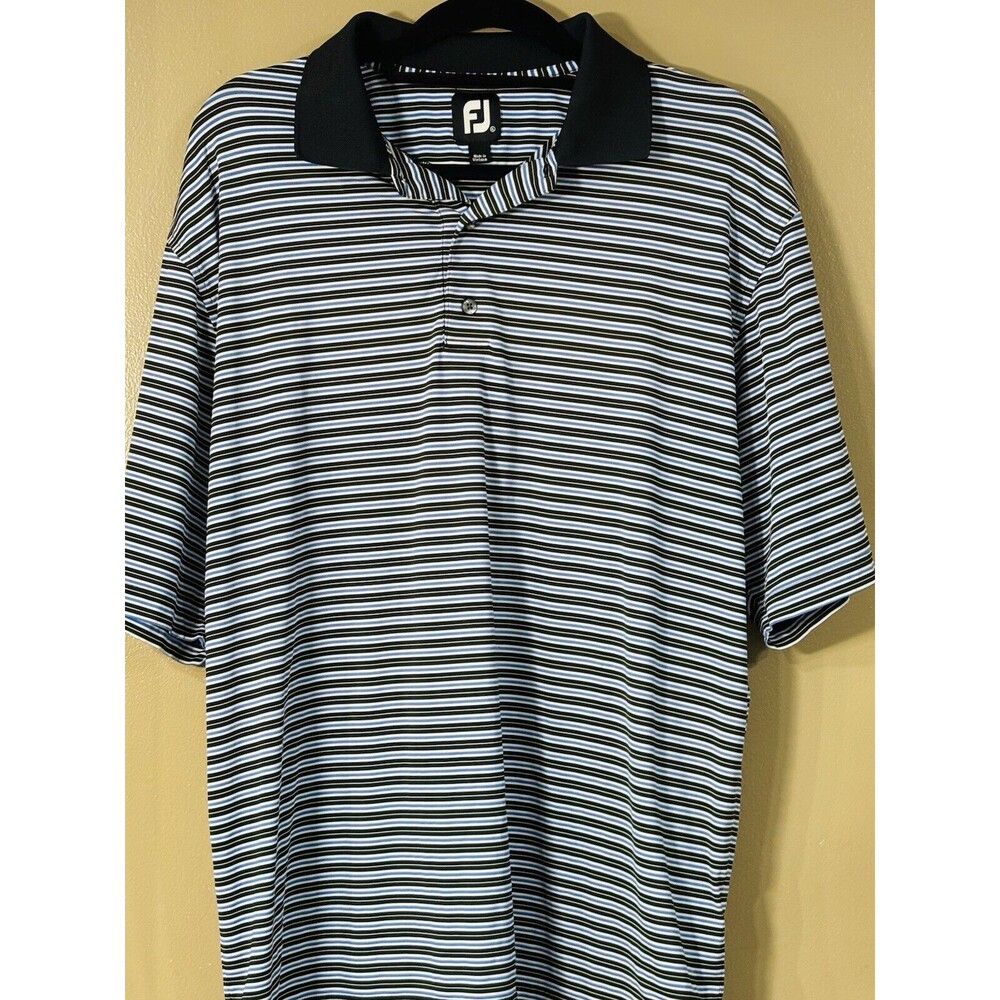 Foot Joy FJ Men's Polo. Black, Blue Striped. Size XL. Made In Vietnam.